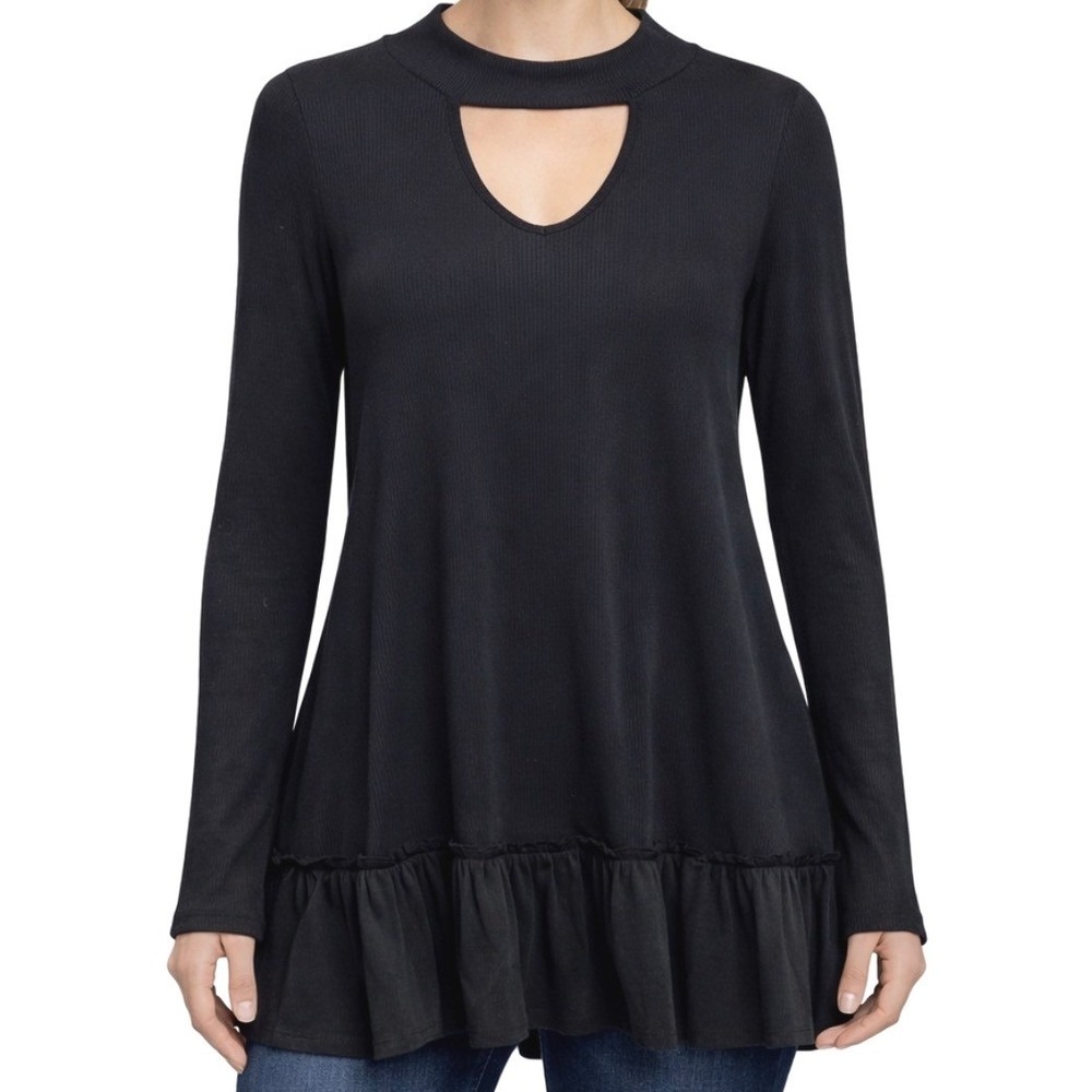 Easel Womens Black Mock Neck Keyhole Long Sleeve Ruffle Hem Dress Casual Chic M